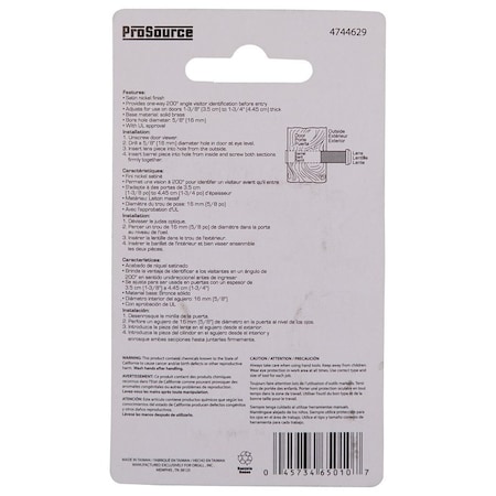 Prosource Door Viewer, 200 deg Viewing, 1-3/8 to 1-3/4 in Thick Door, Solid Brass, Satin Nickel LR-002SN-PS