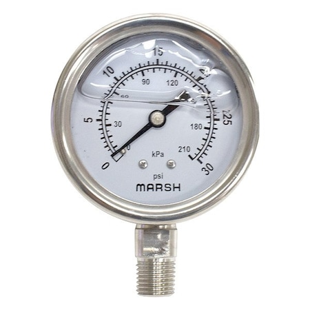Marsh Pressure Gauge, 1/4 in NPT, Bottom Location J7854P