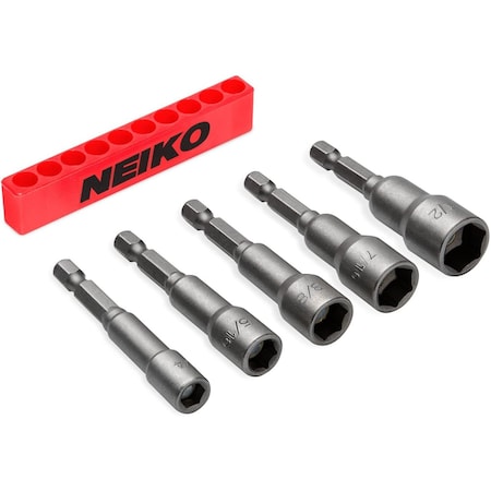 Neiko 1/4'' Hex Shank Magnetic Power Nut Driver Set 5 Piece SAE Sizes 1/4'' to 1/2'' Cr-V 10066A
