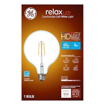 Ge LED Light Bulb, G40 Lamp, 60 W Equivalent, E26 Medium Lamp Base, Yes, Clear, Soft White Light 93116239