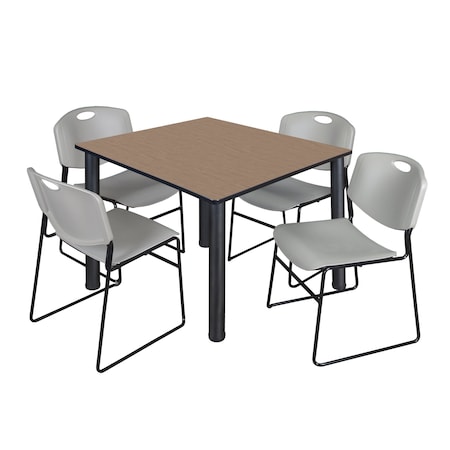 Regency Square Kee Breakroom Table W/ 4 Zeng Stack Chairs, 48 in W, 48 in L, Noble Oak TB4848NOBPBK44GY