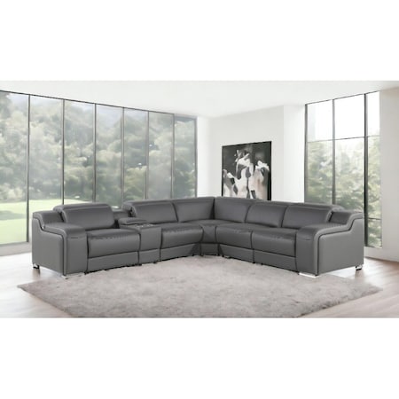 Homeroots Dark Gray Italian Leather Power Reclining L Shaped Six Piece Corner Sectional With Console 544982