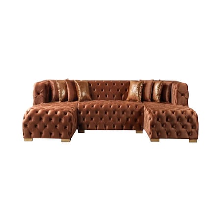 Homeroots Tufted Orange Velvet Modular U Shaped Sofa and Chaise Sectional With Toss Pillows 642273