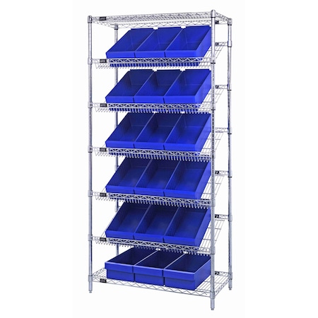 Quantum Storage Systems WIRE SHELVING UNIT W/18 BLUE BINS WRS-7-606BL