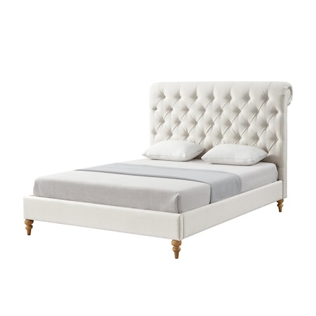 Homeroots Cream Solid Wood Queen Tufted Upholstered Linen Bed with Nailhead Trim 544884