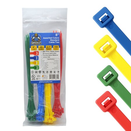 Grizzly Supply Cable Tie, 8 in L, 40 lb Strength, 2.2 in Max Bundle Dia, Nylon 6/6, Assorted Colors, 100PK GS-C8-40-Multi-C
