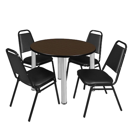 Regency Round Kee Breakroom Table W/ 4 Restaurant Stack Chairs, 36 in W, 36 in L, Neo Walnut TB36RNDNWBPCM29BK