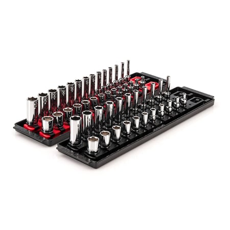Tekton 1/4 Inch Drive 6-Point Socket Set with Rails and Trays, 50-Piece 5/32-9/16 in., 4-15 mm SHD90215