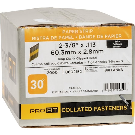 Pro-Fit 2-3/8'' x 0.113'' 30 Degree Paper Tape Ring Shank Clipped Head Brite Framing Stick Nails, 2000 Ct. 602152
