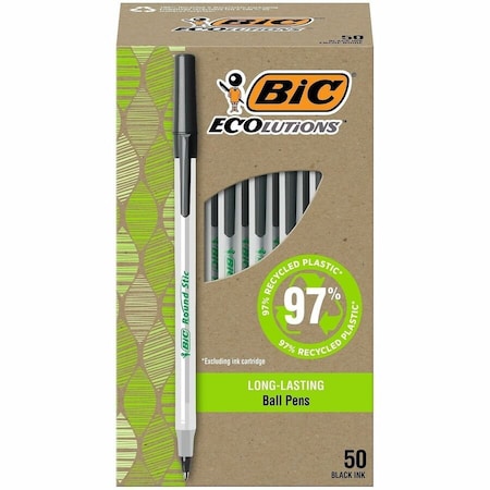 Bic Ecolutions Round Stic Stick Ballpoint Pen, 1mm, Black Ink, Clear Barrel, 50/Pack GSME509BK