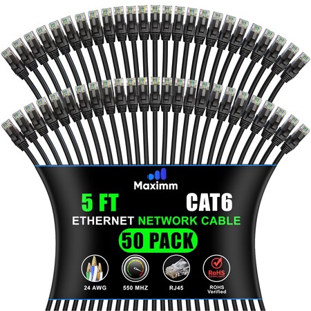 Maximm Cat6 Ethernet Cable 10Gbps 550MHz UTP, 50PK, Black, 50PK BK50PK07