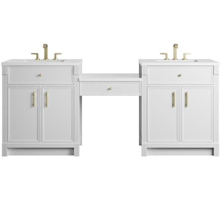 James Martin Vanities Bellshire 84" Dual Vanity Set with 24" Make-Up Counter, Bright White w/3 cm White Zeus Silestone Top 660-VMC84-BW-3WZ