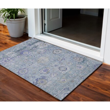 Homeroots 3' X 5' Sky Blue Purple And Gray Floral Washable Indoor Outdoor Area Rug 604096