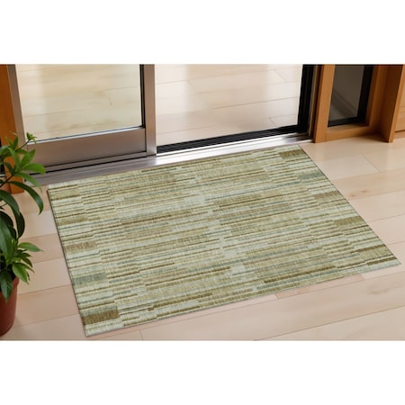 Homeroots 3' X 5' Khaki And Olive Green Striped Washable Indoor Outdoor Area Rug 631539