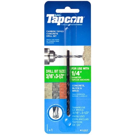 Tapcon 3/16 in. X 3-1/2 in. L Steel Shank Concrete Drill Bit Straight Shank 11257