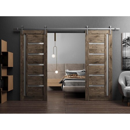 Sartodoors Sturdy Double Barn Door with Frosted Glass Oak 64x84 (2* 32x84) Solid Core Modern Interior QUADRO4088DB-S-AKA-6484
