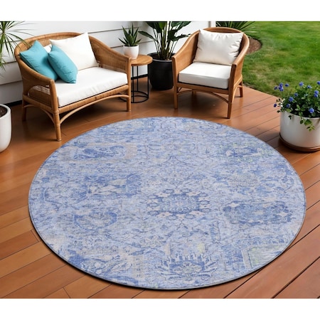 Homeroots 8' Sky Blue Ivory And Gray Round Damask Washable Indoor Outdoor Area Rug 603787