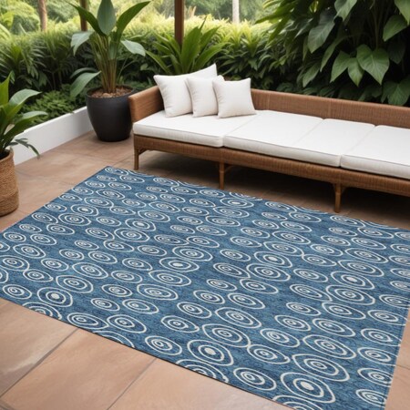 Homeroots 8' X 10' Navy Blue And Ivory Geometric Washable Indoor Outdoor Area Rug 583339