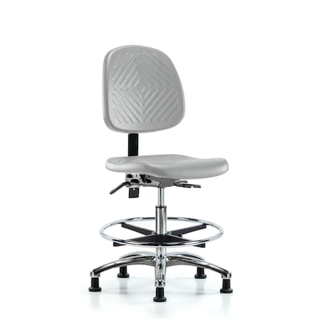 Blue Ridge Ergonomics Poly Chair Chrome-Med Bench Ht with Med Back, Seat Tilt, Chrome Foot Ring, &Stat Glides in Gray Poly PMBCH-MB-CR-T1-A0-CF-RG-GRY