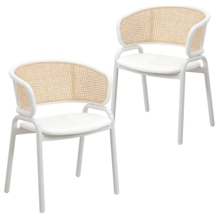 Leisuremod Ervilla Dining Chair with White Powder Coated Steel Legs and Wicker Back, White, 2PK ECW-20W2