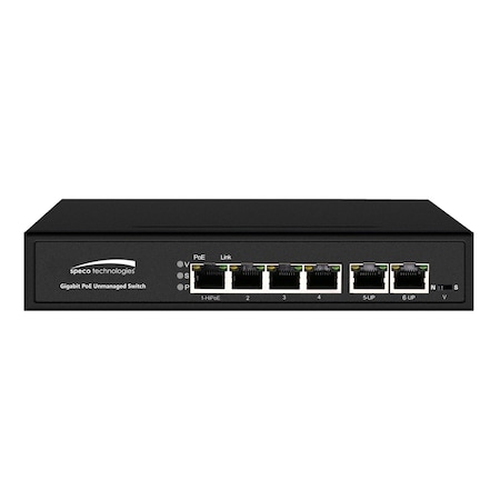 Speco Technologies 6-port switch, 4-port PoE Full Gigabit, 802.3 af/at, PoE Watchdog P4S6G