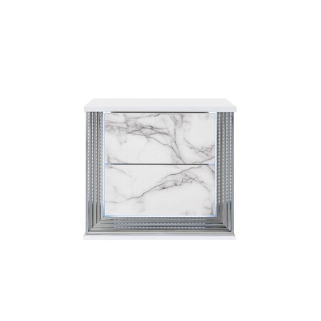 Homeroots 25" White Wood Faux Marble Solid and Manufactured Wood Lighted Two Drawer Nightstand with USB Port 564663