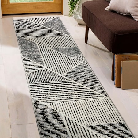 World Rug Gallery Contemporary Distressed Geometric Runner Rug 2 ft 3 in x 8 ft Cream WR93CREAM2X8