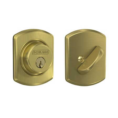 Schlage Residential Greenwich Single Cylinder Deadbolt C Keyway with 12287 Latch and 10116 Strike Satin Brass Finish B60GRW608