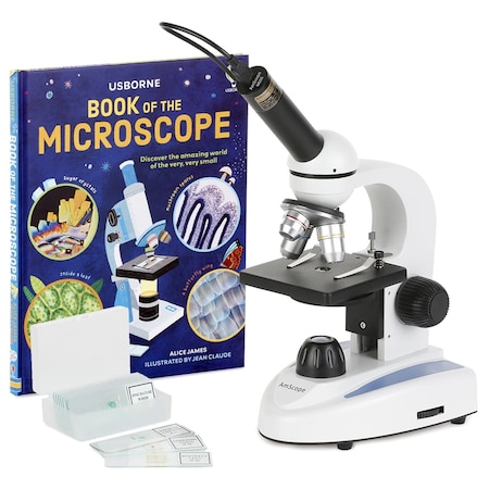 Amscope M149 Student Monocular Compound Microscope 40X-1000X w/Glass Lens & Metal Frame + Camera, Slides & B M149C-PB10-WM-E