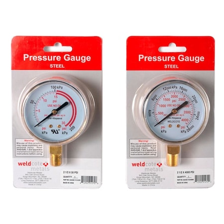 Weldcote Steel/ Brass Plated 1-1/2in x 30 Psi Red Line Pressure Gauge, 10PK GAUGE112X30S