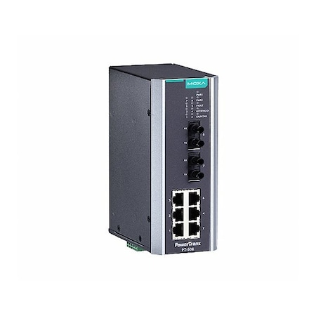 Moxa IEC 61850-3 managed Ethernet switch with 6 10/100BaseT(X) ports, and 2 100Bas PT-508-MM-ST-48
