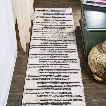 Jonathan Y Petra Stripe Geometric Shag White/Gray 2 ft. x 8 ft. Runner Rug MOH406A-28