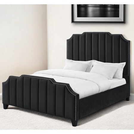Homeroots Black Solid Wood Queen Tufted Upholstered Velvet Bed with Nailhead Trim 544916