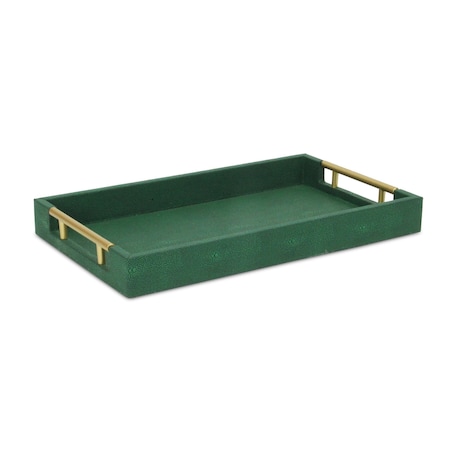Homeroots 16" Green Wood Wood Faux Shagreen Serving Tray With Handles 571241