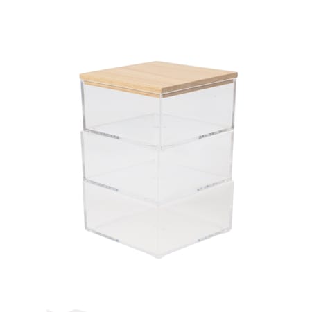 Martha Stewart Brody Clear Plastic Storage Organizer Bins W/Light Natural Paulownia Wood Lid, Small, 3.75x3in, 3PK BE-PB4517-3WD-CL-NT-MS
