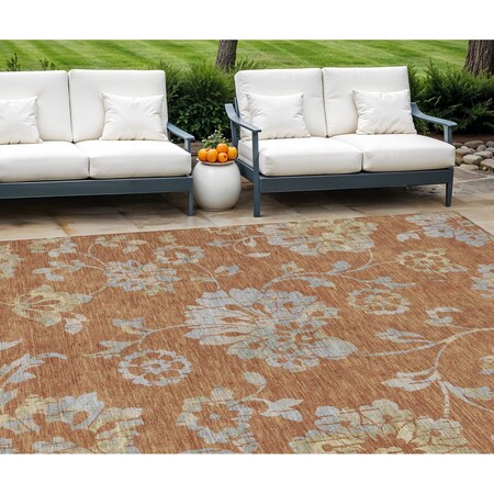 Homeroots 9' X 12' Orange Copper And Gray Floral Washable Indoor Outdoor Area Rug 589498