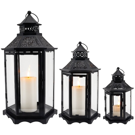Homeroots Set of Three Clear And Black Glass And Metal Floor Lantern Candle Holders, 3PK 719767