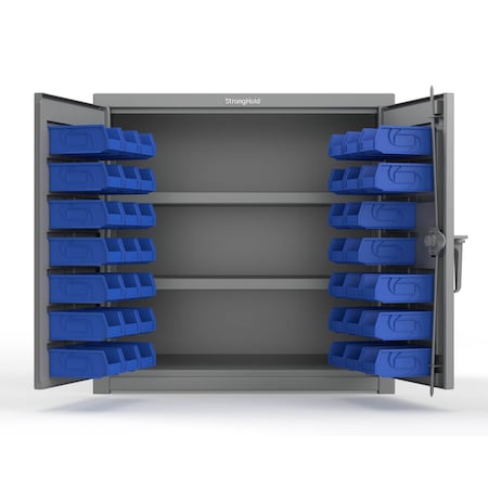Strong Hold 14 GA Bin Cabinet with 2 Shelves - 36 In W. x 36 In. H x 24 In. D - 40 Blue Bins 33-BS-242-40B-L