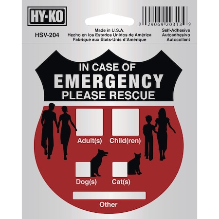 Hy-Ko 4X4'' Self-Adhesive Emergency Rescue Sign HSV-204