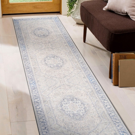 World Rug Gallery Blue Vintage Medallion Washable Rug - Flat Pile for Living Room or Kitchen 2 ft 6 in x 6 ft Runner WR170BLUE26X6