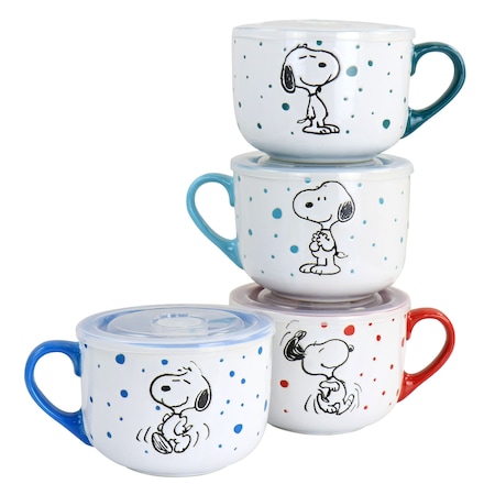 Peanuts Freckled Joy 25oz Stoneware 4 Piece Soup Cup and Lid Set in Assorted Designs 134058.01