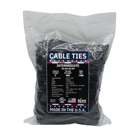 Cable Ties Unlimited Cable Tie, 5.5 in L, 40 lb Strength, 1.4 in Max Bundle Dia, Nylon 6/6, Black 1000PK US-I55-40-0M