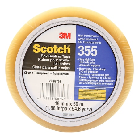 Scotch Packing Tape, 3.4 mil Thick, 2 in W x 50 m L, 3 in Core Dia., Clear 355