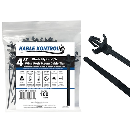 Kable Kontrol Winged Push Mount Cable Zip Ties, 4 in L, 0.83 in Max Bundle Dia., Black, Nylon 6-6, 100 PK wpmt-04-18-100-bk