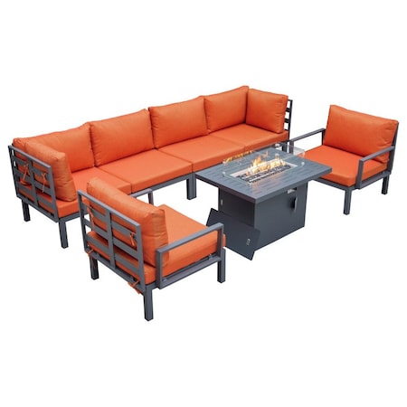 Leisuremod Hamilton 7-Piece Aluminum Patio Conversation Set with Fire Pit Table And Cushions, Orange HSFBL-7OR