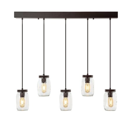 Jonathan Y Gaines 33.25" 5-Light Farmhouse Industrial Iron Mason Jar Linear LED Pendant, Oil Rubbed Bronze/Clear JYL7803A