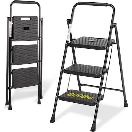 Simple Deluxe 3 Step Ladder Foldable, Lightweight Portable Step Stool, 800lbs Portable Ladder with Wide Anti-Slip 3A88HILADDERBT3SBLK