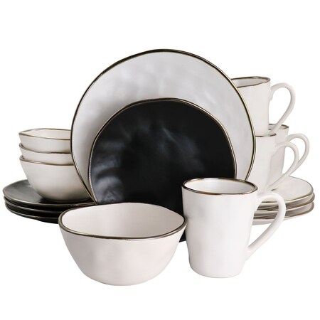 Elama Roman 16 Piece Stoneware Dinnerware Set in Assorted Matte with Gold Rim ELM-ROMAN16