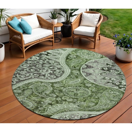 Homeroots 8' Olive Green Charcoal And Gray Round Floral Medallion Washable Indoor Outdoor Area Rug 603187
