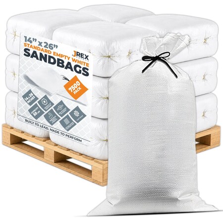 Jrex Safety Woven White Polypropylene Sandbags - 14 x 26 in, 50 lb Capacity, Half Pallet (7,500) SBW-JR-1426-HP7500